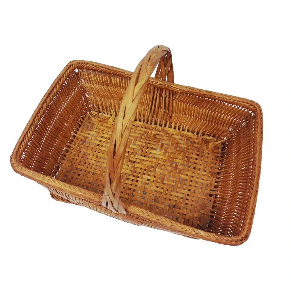 Antique Chinese Split Bamboo Handmade Woven Gathering Basket with Handle 14